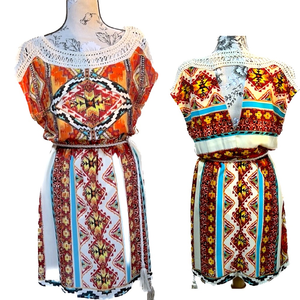 Jealous Tomato I Boho Tribal Aztec Print I Crochet Trim Mini Dress I Size:Small